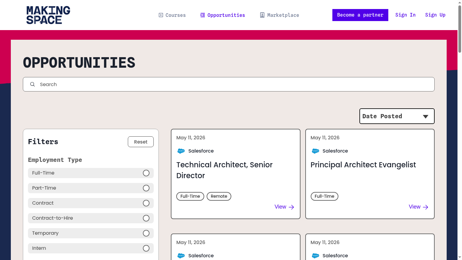 Making Space Opportunities page showing Disabled-inclusive job listings from partners like Salesforce